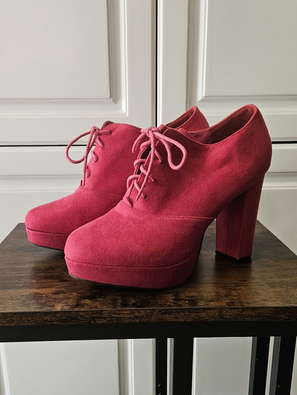 Y2k Alt Bratz Hot Pink Faux Suede Lace-Up Platform Heeled Oxford Festival Rave - Picture 3 of 6
